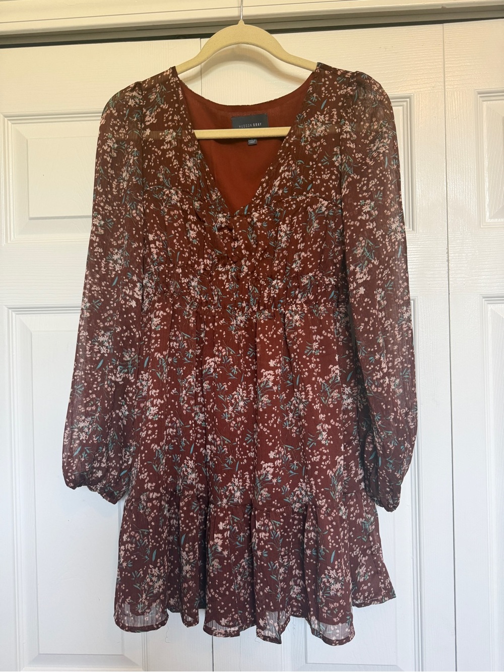 Women's Floral V-Neck Long Sleeve Dress in Rust